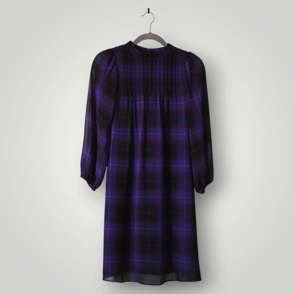 Ann Taylor Purple Plaid Tartan Chiffon Mini Dress XXSP Dark Academia Cottagecore - Picture 3 of 8